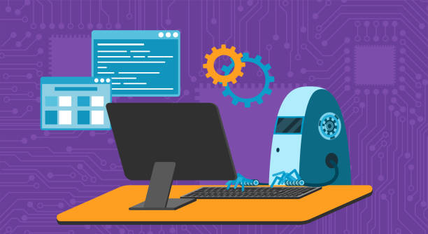 automated work of software, business project development, robot using keyboard at table - 系統(tǒng)軟件開發(fā) 幅插畫檔、美工圖案、卡通及圖標(biāo)