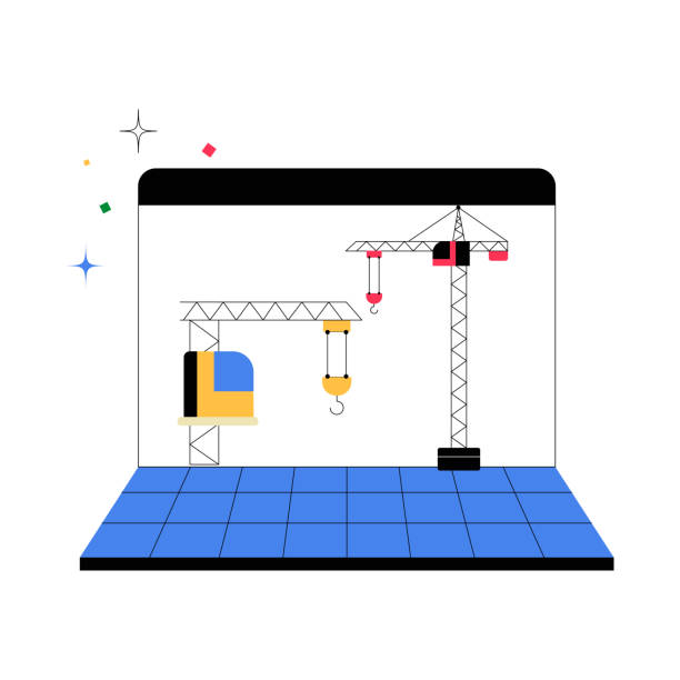 construction cranes on a computer screen in flat vector illustration symbolizing digital infrastructure, online construction tools, and modern technology, isolated on white background - 網(wǎng)站門戶平臺(tái)搭建 幅插畫檔、美工圖案、卡通及圖標(biāo)